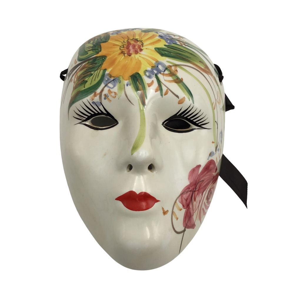 Vintage Hand Painted Ceramic Floral Face Mask Wall Art Decor Sunflower Rose 8in